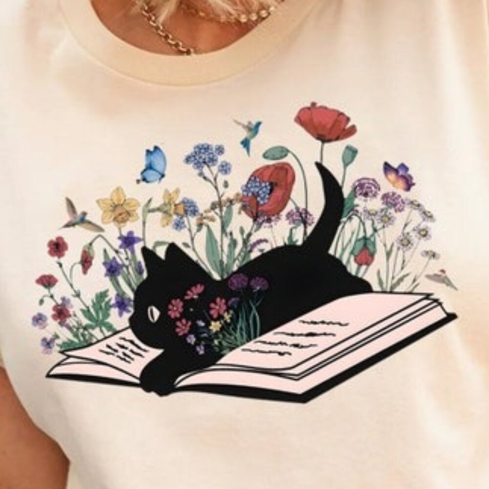 Floral Cat Shirt, Cat Lover T-shirt, Cat Book Shirt, Cat Lover Gift - Picture 3 of 3